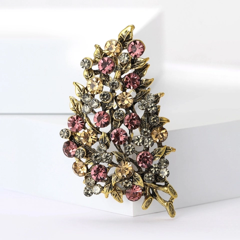 Spilla Foglia in Lega di Strass Vintage Elegante Forma di Pianta Intarsiata Pin per Donna Moda Abito Cappotto Accessori Gioielli