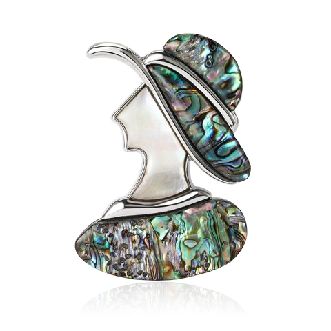 Vintage Alloy Lady Profile Brooch Mother Of Pearl Abalone Shell Hat Design Silver Color Personalized Women Clothing Corsage