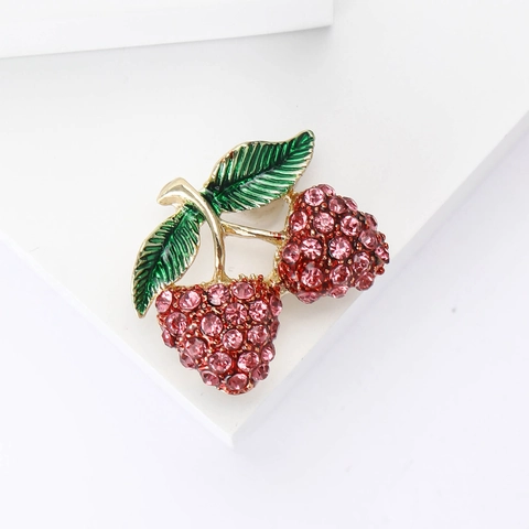 Broche de Fresa de Aleación con Diamantes de Imitación para Mujer Pin de Fruta de Color Rosa Rojo Esmalte Hoja Joyería Accesorio