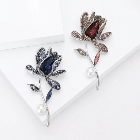 Broche de Flor Vintage de Aleación Con Strass y Perla Artificial de Imitación Elegante Broche de Tulipan de Cristal para Mujer Joyería