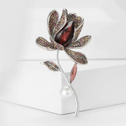 Broche de Flor Vintage de Aleación Con Strass y Perla Artificial de Imitación Elegante Broche de Tulipan de Cristal para Mujer Joyería