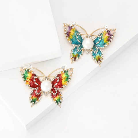 Elegante Legering Vlinder Broche Pin Met Kunstparel Emaille Strass Kleurovergang Corsage Voor Dames Bruiloft Banket Sieraden Cadeau