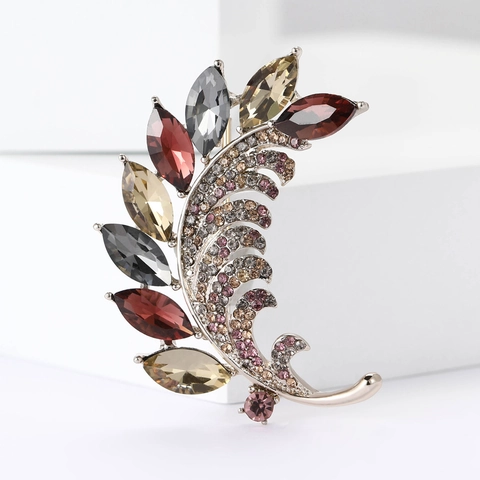 Fashion Alloy Rhinestone Leaf Feather Brooch Exquisite Marquise Crystal Inlaid Pin For Women Wedding Banquet Corsage Jewelry
