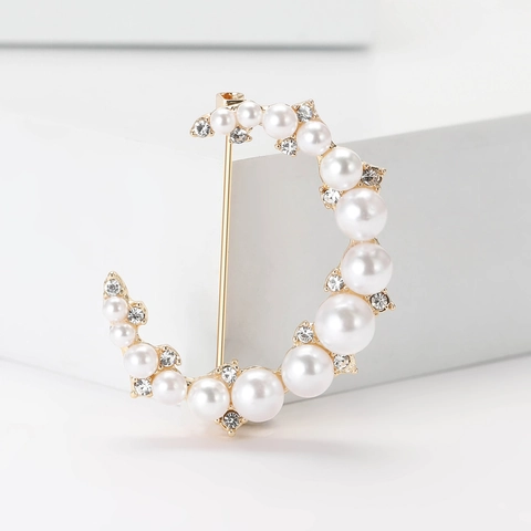 Elegante Spilla In Lega A Forma Di Luna Con Perle Artificiali E Strass Brillanti Da Donna Accessorio Di Moda Per Completi E Cappotti