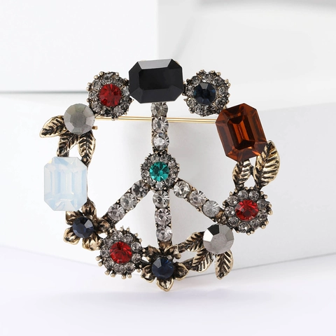 Broche de Signo de la Paz de Aleación de Estrás Barroco Vintage Piedra Preciosa Artificial Multicolor Pin de Solapa de Metal Mujer Hombre