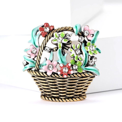 Exquisite Legierung Emaille Blumenkorb Brosche Vintage Strass Eingelegt Blumen Corsage Pin Für Damen Mode Anzug Schmuck