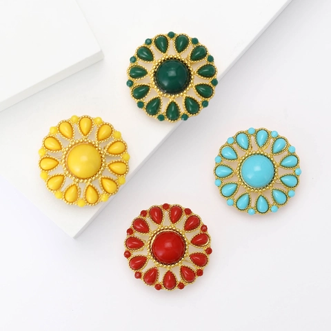 Vintage Turkish Style Round Brooch For Women Alloy Resin Rhinestone Sunflower Pin Bohemian Fashion Clothing Corsage Jewelry Accessories