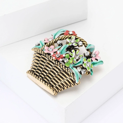 Exquisite Legierung Emaille Blumenkorb Brosche Vintage Strass Eingelegt Blumen Corsage Pin Für Damen Mode Anzug Schmuck