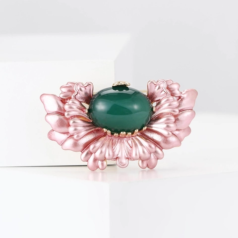 Vintage Legierung Emaille Blume Brosche Für Damen Rosa Floral Grüner Stein Elegant Mode Kleidung Dekoration Pin Schmuck