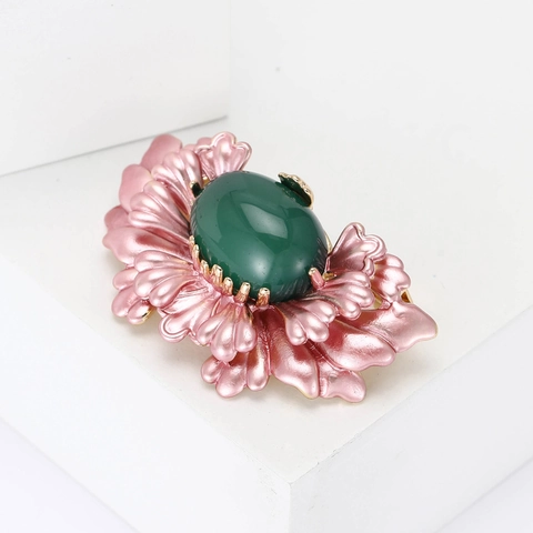 Vintage Legierung Emaille Blume Brosche Für Damen Rosa Floral Grüner Stein Elegant Mode Kleidung Dekoration Pin Schmuck