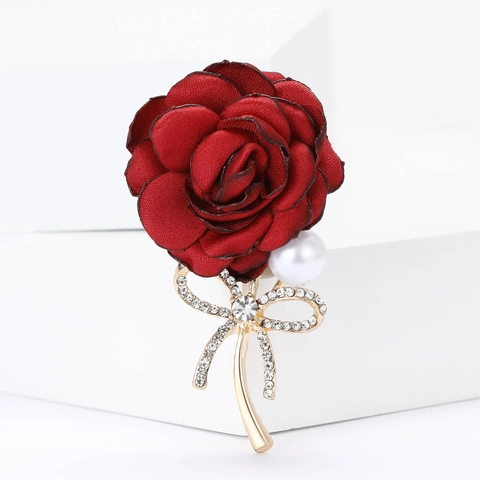 Elegante Spilla a Forma di Rosa in Raso di Lega per Donna Con Fiocco di Strass e Perla Artificiale Accessori di Moda Spilla