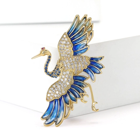 Kraanvogel Broche in Chinese Stijl Koper Zirconia Emaille Dierenspeld Voor Dames Heren Vintage Elegante Sieraden Accessoire