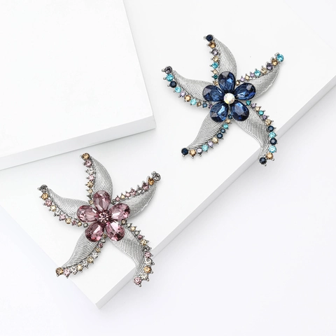 Creative Alloy Rhinestone Starfish Flower Brooch For Women Ocean Style Suit Coat Fashion Accessory Sparkling Inlaid Pins Jewelry
