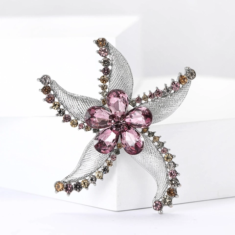 Elegant Alloy Rhinestone Starfish Flower Brooch Pin Marine Style Silver Color Jewelry For Women Suits Shirt Accessory