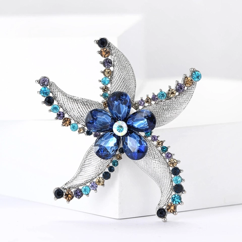Creative Alloy Rhinestone Starfish Flower Brooch For Women Ocean Style Suit Coat Fashion Accessory Sparkling Inlaid Pins Jewelry