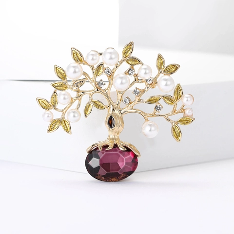 Broche Árbol De La Vida De Aleación Vintage Para Mujer Perla Artificial Diamante De Imitación Incrustado Cristal Joyería