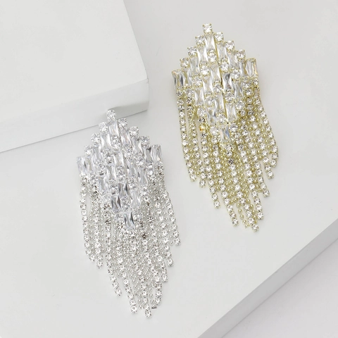 Elegante Legering Strass Kwastje Brosje Voor Dames Geometrische Ruit Baguette Geslepen Glinsterende Corsage Mode Sieraden Pin