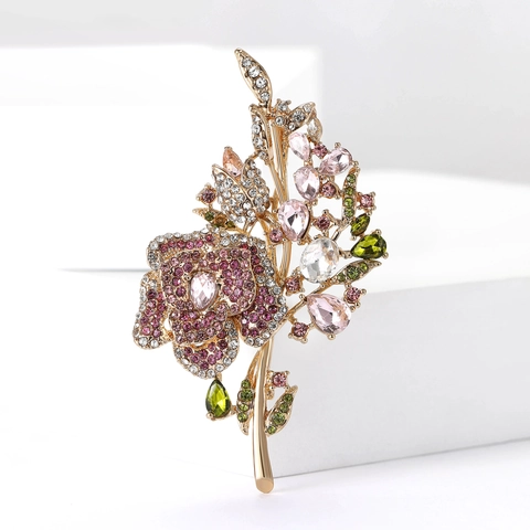 Elegante Spilla a Bouquet di Rose in Lega di Strass per Donna Vintage Corsage di Cristallo Floreale Gioielli Regalo Banchetto Nozze