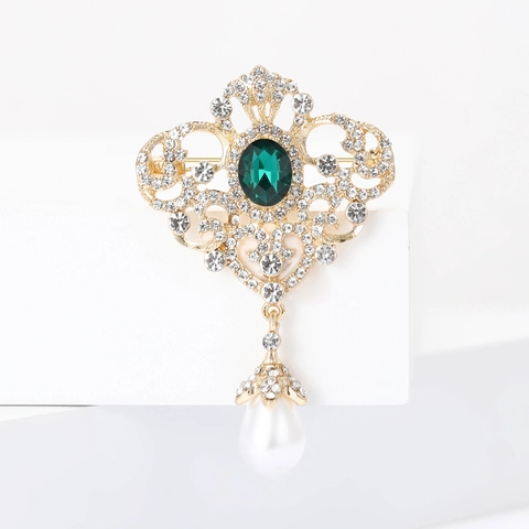 Vintage Court Style Alloy Rhinestone Brooch With Faux Pearl Pendant Elegant Gemstone Pins For Women Wedding Party Jewelry