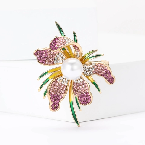 Elegante Legierung Strass Orchidee Brosche Mit Künstlicher Perle Und Emaille Exquisite Blumenform Korsage Schmuck Pin Für Damen