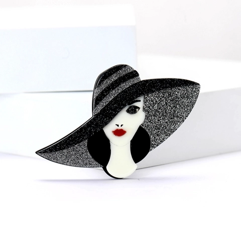 Spilla da Donna in Acrilico Vintage Francese Con Grande Cappello Glitterato Labbra Rosse per Abiti da Donna Camicia Gioielli