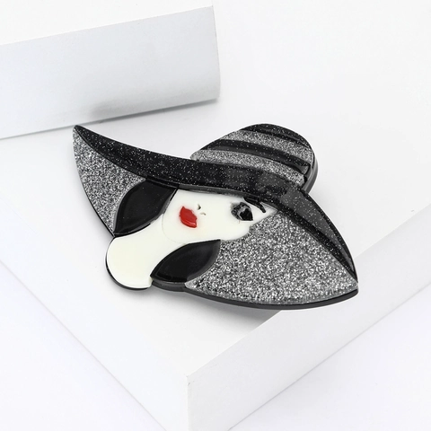 Spilla da Donna in Acrilico Vintage Francese Con Grande Cappello Glitterato Labbra Rosse per Abiti da Donna Camicia Gioielli