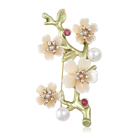 Elegant Alloy Enamel Plum Blossom Branch Brooch Women Vintage Rhinestone Artificial Pearl Floral Suit Coat Corsage Pin
