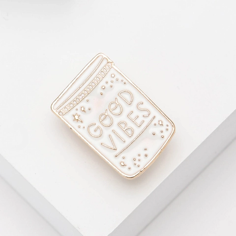 Good Vibes Emaille Pin Einmachglas Legierung Brosche Abzeichen Goldrand Weiß Emailliert Anstecknadel Für Anzug Mantel Damen Schmuck