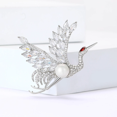 Luxus Kupfer Zirkonia Mandschurenkranich Brosche Für Damen Chinesischer Stil Künstliche Perle Tier Reversnadel Schmuck Geschenk