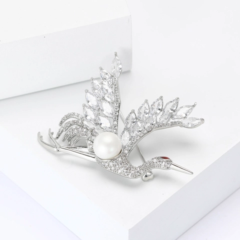 Luxus Kupfer Zirkonia Mandschurenkranich Brosche Für Damen Chinesischer Stil Künstliche Perle Tier Reversnadel Schmuck Geschenk