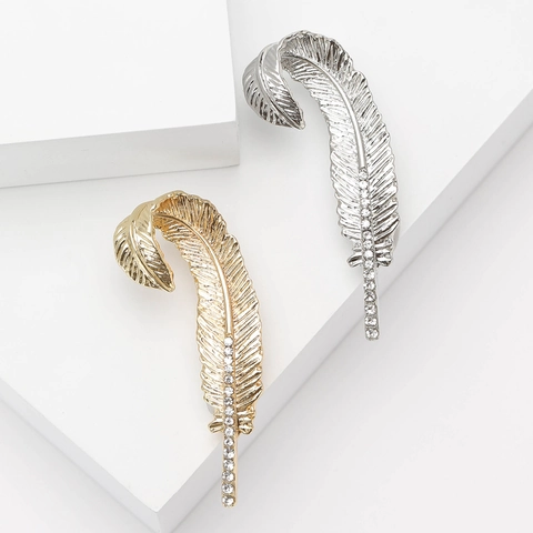 Elegant Alloy Rhinestone Feather Brooch Pin For Women Fashion Exquisite Gold Silver Plated Suit Lapel Pin Jewelry Gift