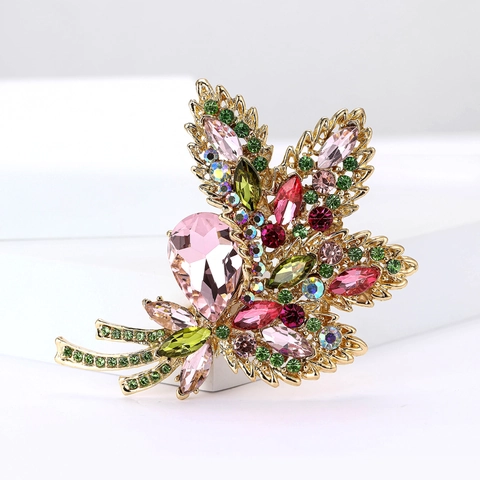 Vintage Luxurious Alloy Colorful Rhinestone Maple Leaf Flower Bouquet Brooch For Women Wedding Party Suit Dress Pin Jewelry