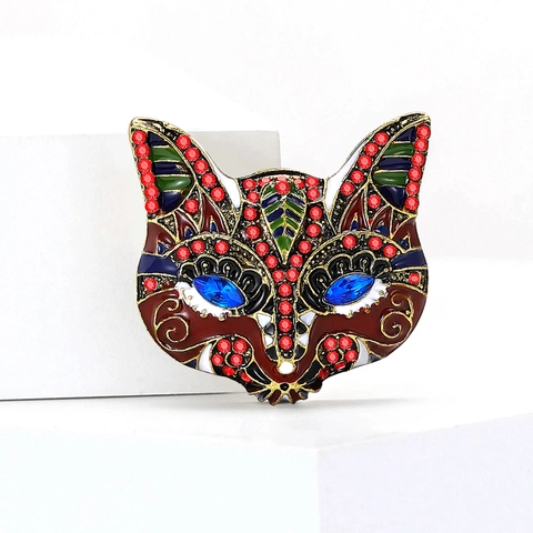 Cute Alloy Rhinestone Fox Mask Brooch Fashion Enamel Animal Lapel Pin For Suit Cardigan Jewelry Accessory For Women Men Gift