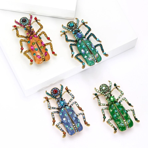 Vintage Alloy Enamel Rhinestone Beetle Brooch Insect Lapel Pin Colorful Crystal Animal Corsage Jewelry For Women Men Gift