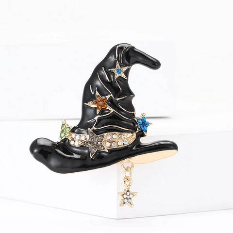 Broche Chapeau de Sorcier Vintage en Alliage Émaillé Avec Strass Colorés Étoile Corsage Halloween Bijoux Épinglette Femme Homme