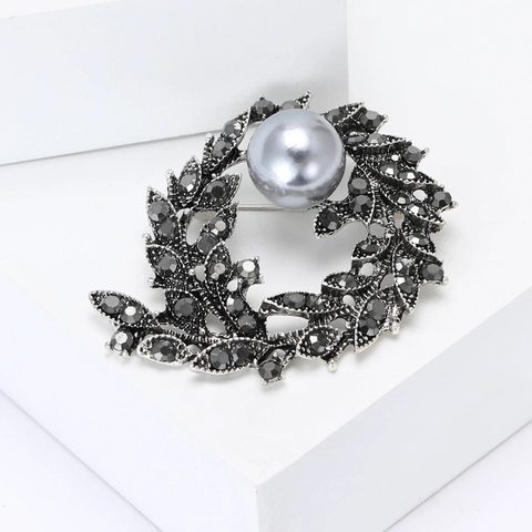 Vintage Legierung Strass Zweig Brosche Elegante Graue Künstliche Perle Kranz Corsage Für Damen Anzug Strickjacke Schmuck Geschenk