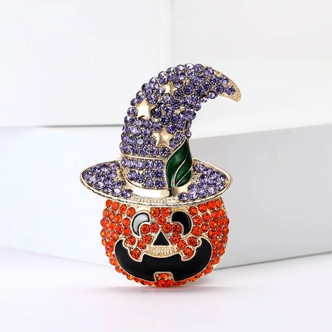 Broche Chapeau de Sorcier Citrouille d'Halloween en Alliage Incrusté de Strass Corsage pour Costume Pull Fête Bijoux Cadeau
