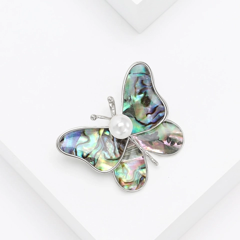 Spilla a Farfalla in Lega Vintage Con Conchiglia di Abulone Perla Artificiale Strass Intarsiato Moda Gioielli Insetto per Donna