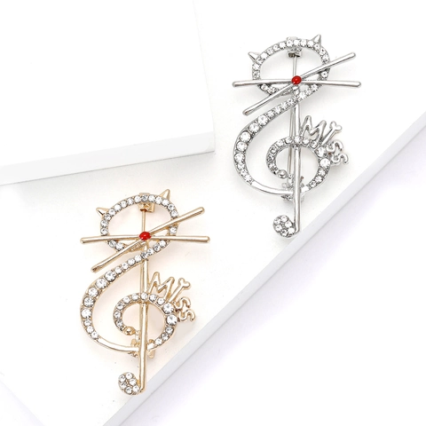 Simpatica Spilla in Lega a Forma di Gatto e Nota Musicale Con Strass Lettera Miss Spilla per Abito da Donna Gioielli di Moda