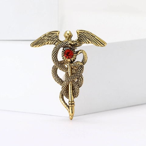 Broche Caducée en Alliage Vintage Ailes d'Ange Bâton de Serpent Avec Strass Élégant Symbole Médical Épingle pour Femme Bijoux de Costume