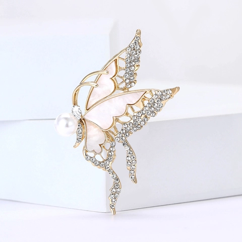 Elegante Spilla a Farfalla in Lega Con Strass e Perla Artificiale Vintage Tonalità Oro Donna Completo Cappotto Accessorio Spilla
