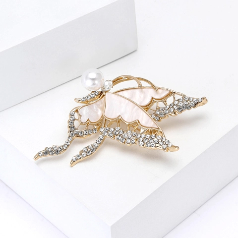Elegante Spilla a Farfalla in Lega Con Strass e Perla Artificiale Vintage Tonalità Oro Donna Completo Cappotto Accessorio Spilla