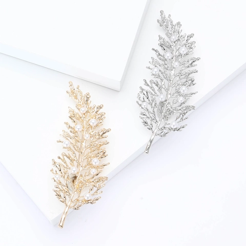 Elegante Spilla a Foglia in Lega Con Perla Artificiale Intarsiata Spilla a Ramo Oro Argento per Gioielli da Cappotto da Donna