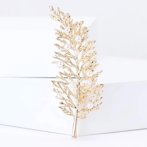 Elegante Spilla a Foglia in Lega Con Perla Artificiale Intarsiata Spilla a Ramo Oro Argento per Gioielli da Cappotto da Donna