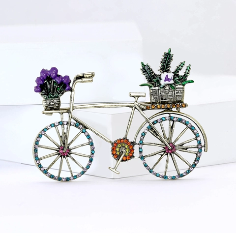 Vintage Alloy Colorful Rhinestone Bicycle Brooch For Women Retro Floral Basket Enamel Pin Fashion Clothing Accessories Jewelry