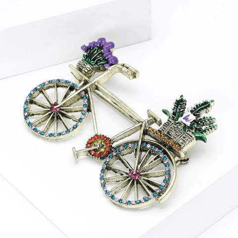 Vintage Alloy Colorful Rhinestone Bicycle Brooch For Women Retro Floral Basket Enamel Pin Fashion Clothing Accessories Jewelry