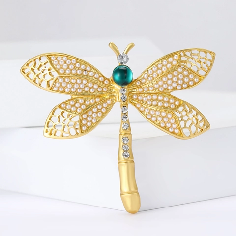Broche de Libélula de Aleación Vintage para Mujer Con Perla Artificial y Diamantes de Imitación Piedra Verde Broche de Insecto Dorado