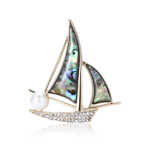 Elegante Spilla a Barca a Vela Con Guscio di Abulone Perla Artificiale Strass Placcato Oro Spilla Nautica per Abito Gioielli Uomo Donna
