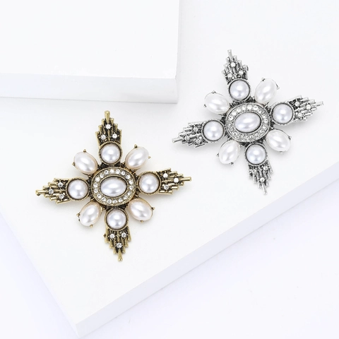 Vintage Baroque Alloy Brooch For Women Palace Style Cross Design With Artificial Pearl And Rhinestone Pin Jewelry Gift