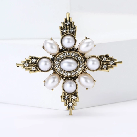 Vintage Baroque Alloy Brooch For Women Palace Style Cross Design With Artificial Pearl And Rhinestone Pin Jewelry Gift